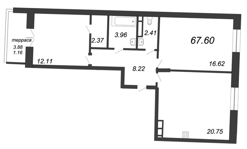2-комнатная квартира, 67.6 м² - планировка, фото №1