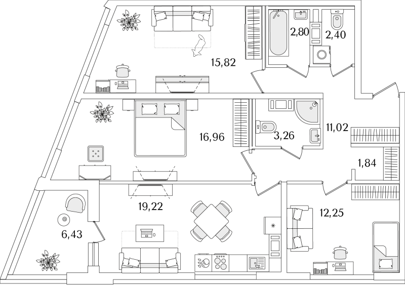 4-комнатная (Евро) квартира, 88.79 м² в ЖК "Лайнеръ" - планировка, фото №1