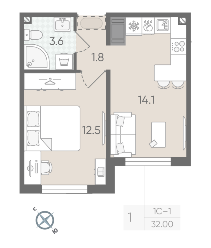 1-комнатная квартира, 32 м² - планировка, фото №1