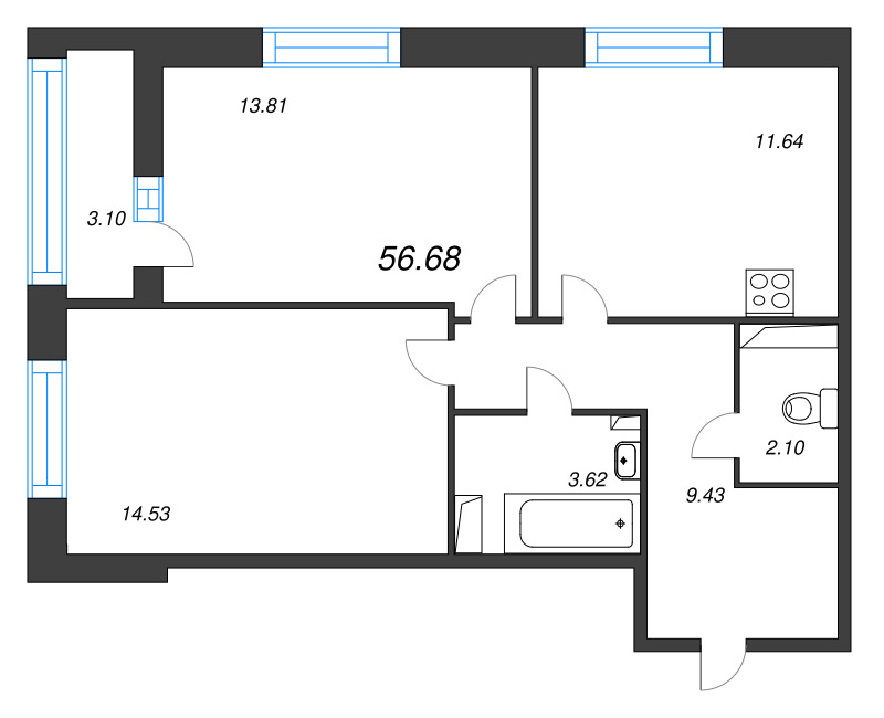 2-комнатная квартира, 56.68 м² в ЖК "Аквилон Leaves" - планировка, фото №1