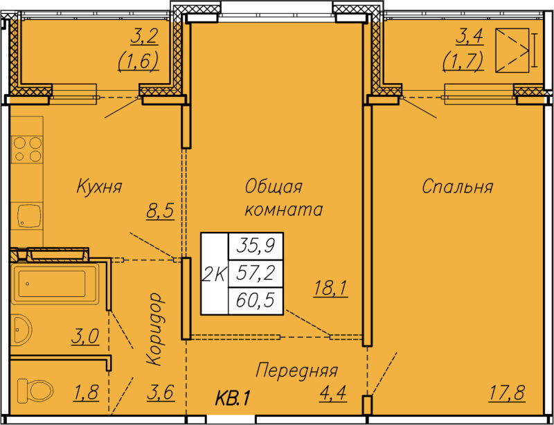 2-комнатная квартира, 60.5 м² в ЖК "Сибирь" - планировка, фото №1