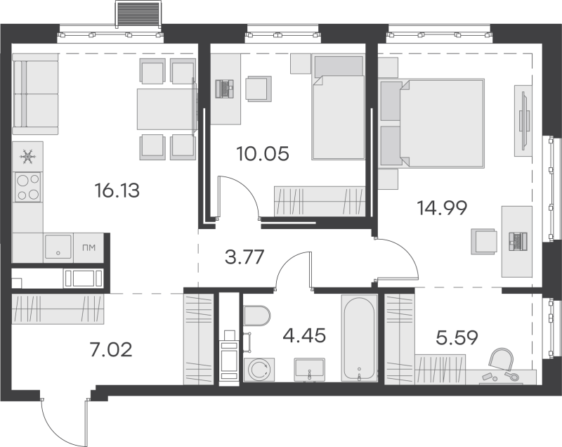3-комнатная (Евро) квартира, 62 м² в ЖК "GloraX Балтийская" - планировка, фото №1