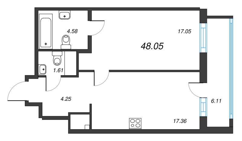 2-комнатная (Евро) квартира, 48.05 м² в ЖК "OKLA" - планировка, фото №1