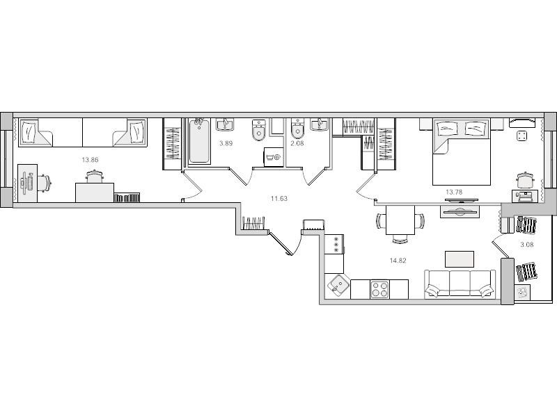 3-комнатная (Евро) квартира, 60.06 м² в ЖК "Parkolovo" - планировка, фото №1