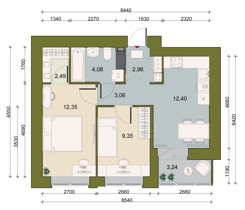 2-комнатная квартира, 49.07 м² в ЖК "Уютный" - планировка, фото №1