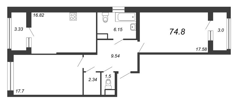 3-комнатная (Евро) квартира, 75.2 м² в ЖК "FAMILIA" - планировка, фото №1