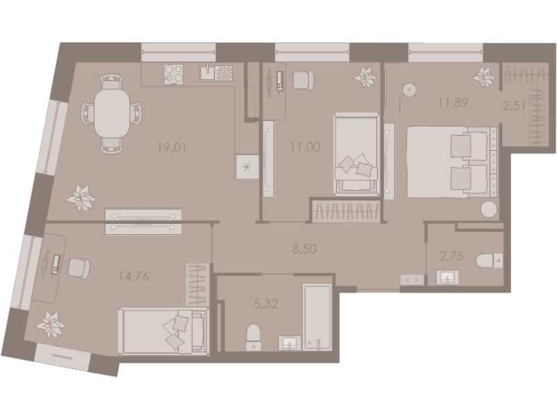 4-комнатная (Евро) квартира, 75.5 м² в ЖК "Северная корона" - планировка, фото №1