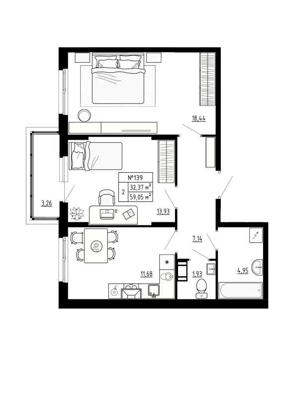 2-комнатная квартира, 59.05 м² - планировка, фото №1