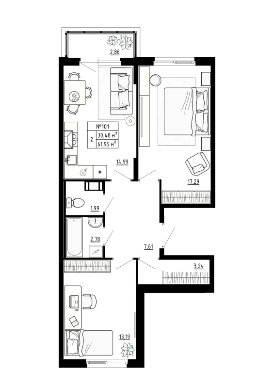 2-комнатная квартира, 61.95 м² - планировка, фото №1