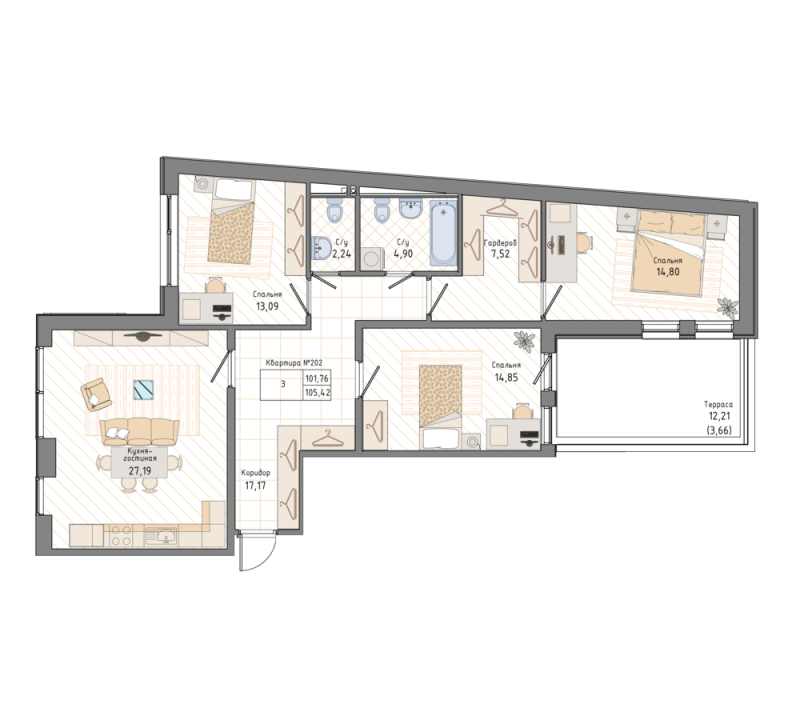 3-комнатная квартира, 100.4 м² в ЖК "Мануфактура James Beck" - планировка, фото №1