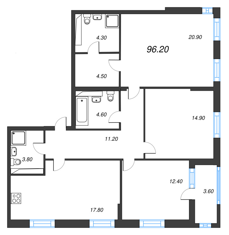 4-комнатная (Евро) квартира, 96.2 м² в ЖК "Тайм Сквер" - планировка, фото №1