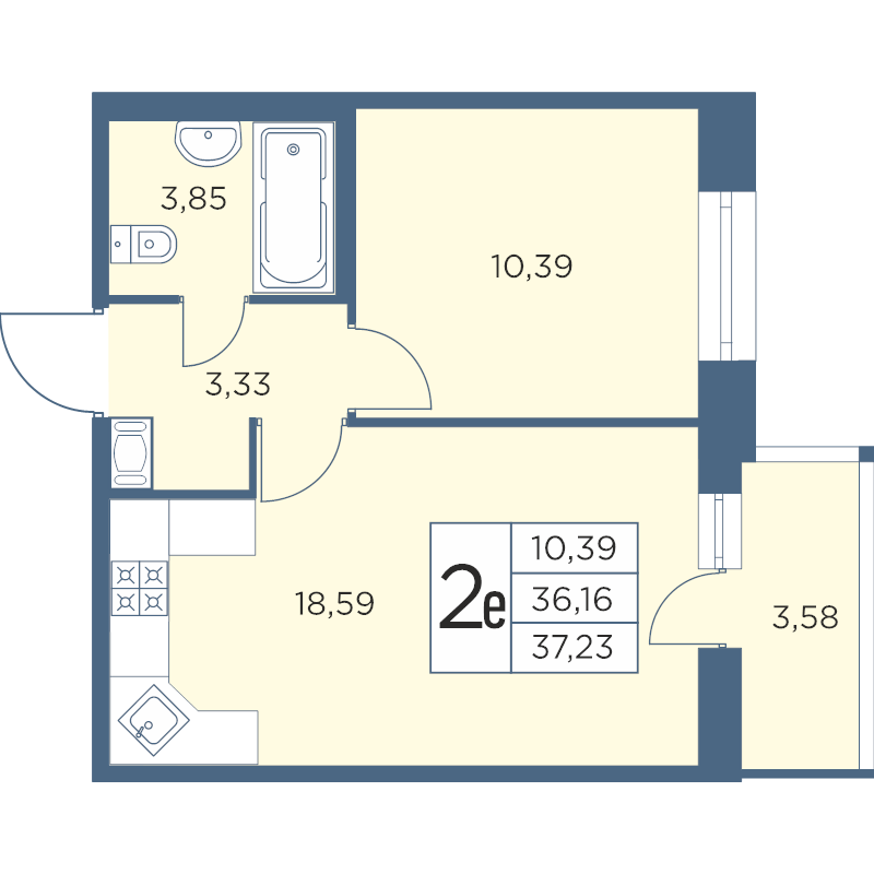 2-комнатная (Евро) квартира, 37.23 м² в ЖК "Новый Лесснер" - планировка, фото №1