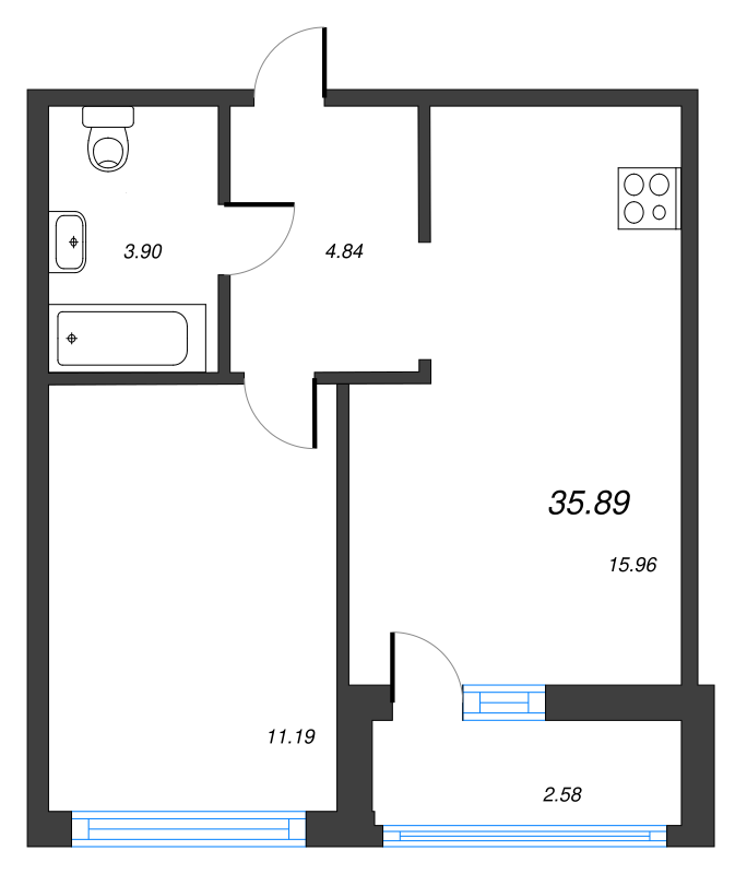 2-комнатная (Евро) квартира, 35.89 м² в ЖК "Parkolovo" - планировка, фото №1