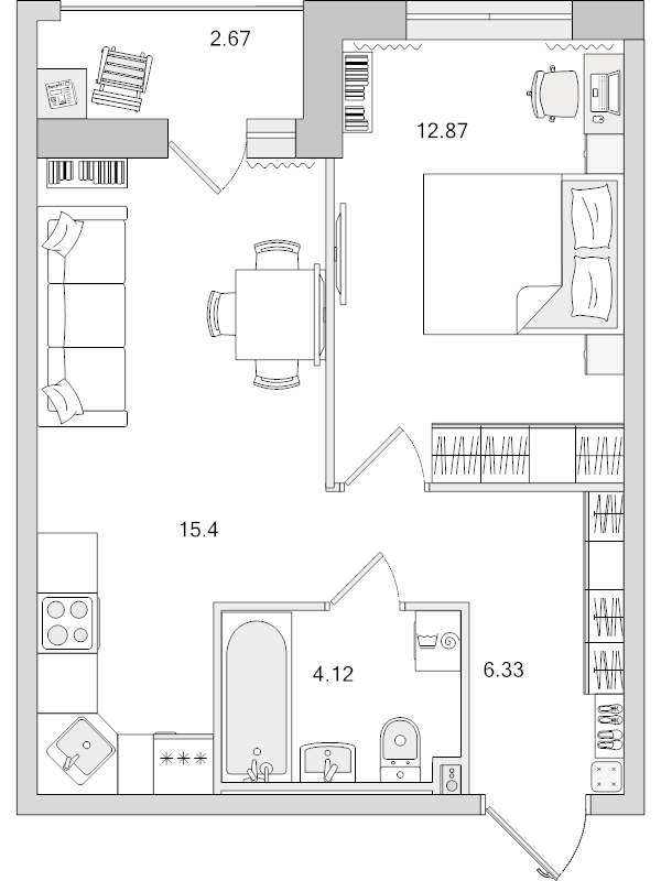 2-комнатная (Евро) квартира, 38.72 м² в ЖК "Город Первых" - планировка, фото №1