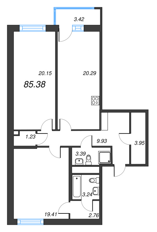 3-комнатная (Евро) квартира, 84.35 м² в ЖК "OKLA" - планировка, фото №1
