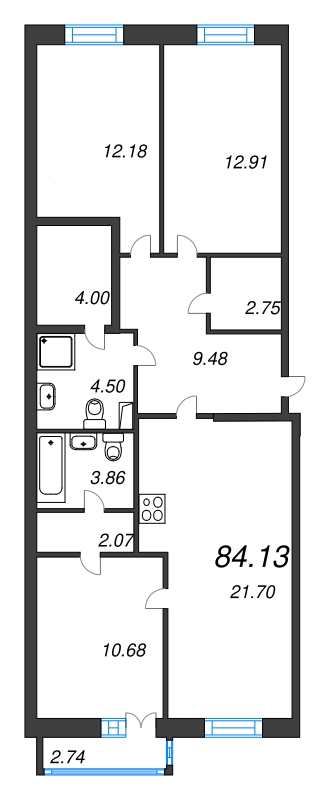 4-комнатная (Евро) квартира, 84.95 м² в ЖК "iLona" - планировка, фото №1