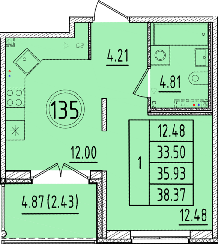 1-комнатная квартира, 33.5 м² в ЖК "Образцовый квартал 17" - планировка, фото №1