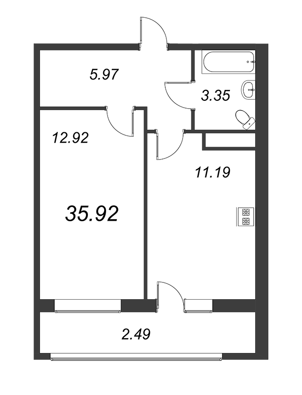 1-комнатная квартира, 33.6 м² в ЖК "Геометрия" - планировка, фото №1