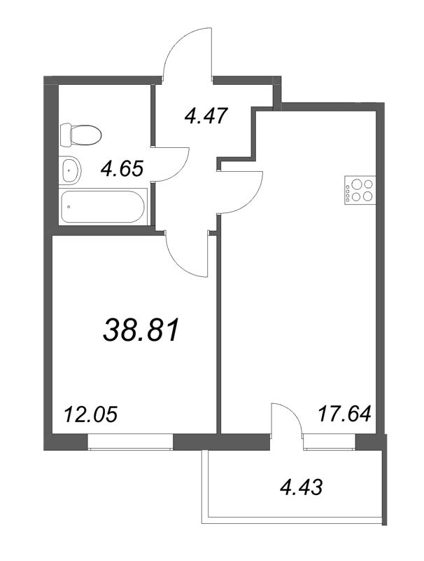 2-комнатная (Евро) квартира, 38.81 м² в ЖК "Ясно.Янино" - планировка, фото №1