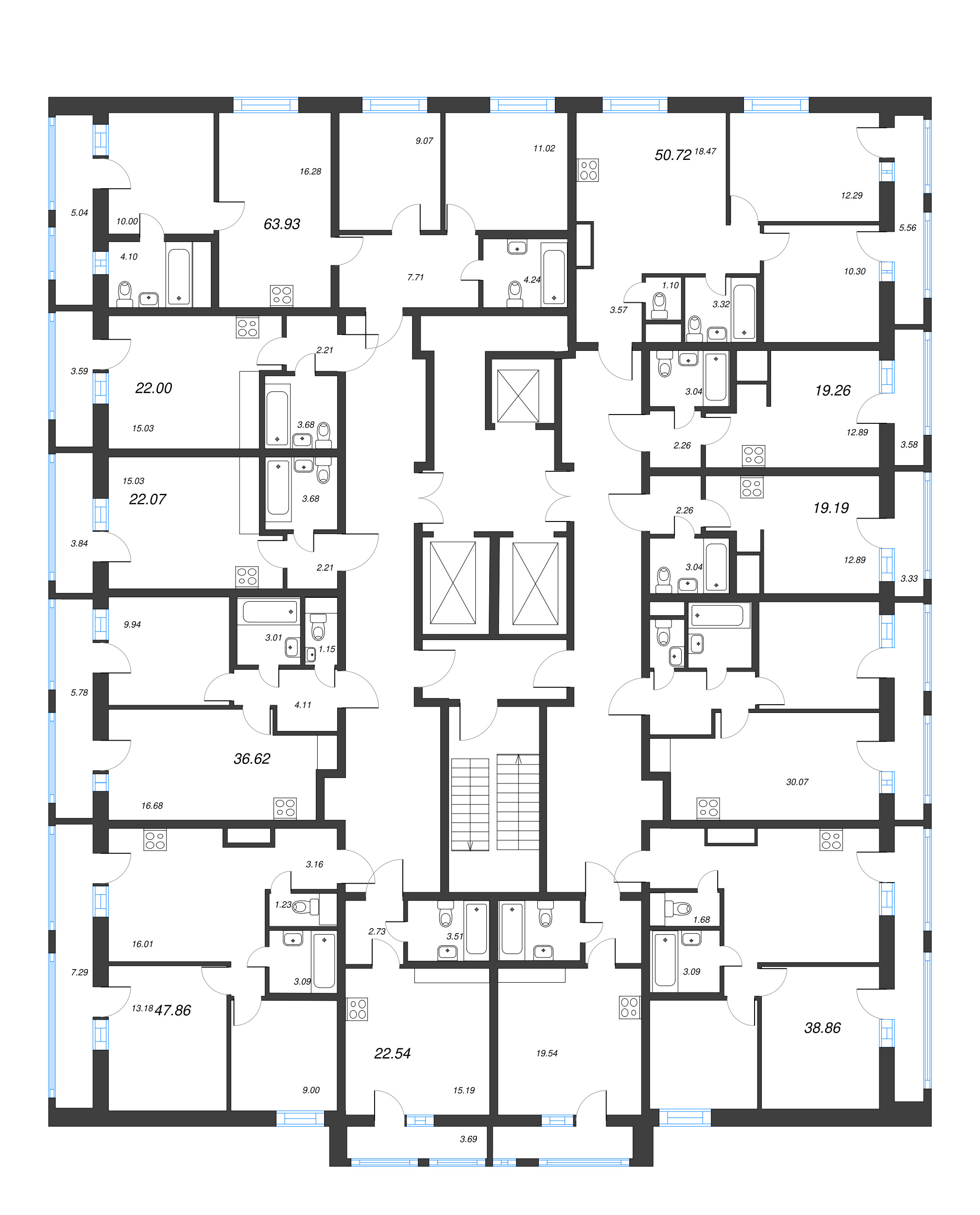 3-комнатная (Евро) квартира, 47.86 м² в ЖК "Старлайт" - планировка этажа