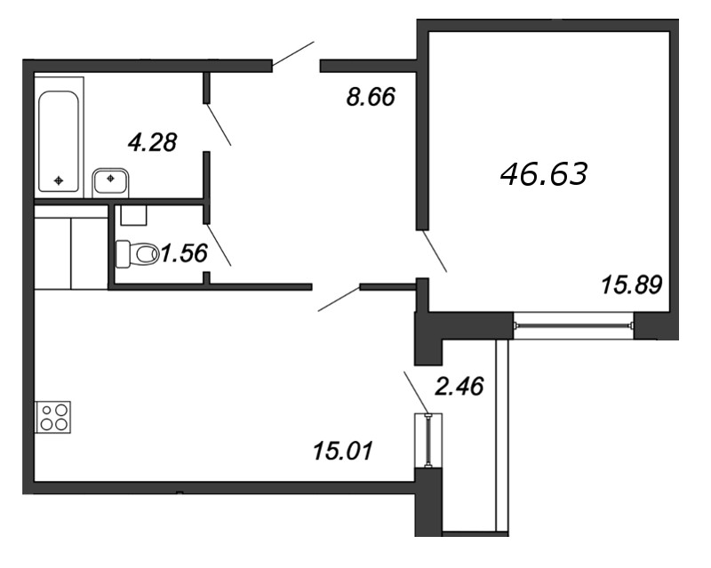 2-комнатная (Евро) квартира, 46.1 м² в ЖК "Аквилон SKY" - планировка, фото №1