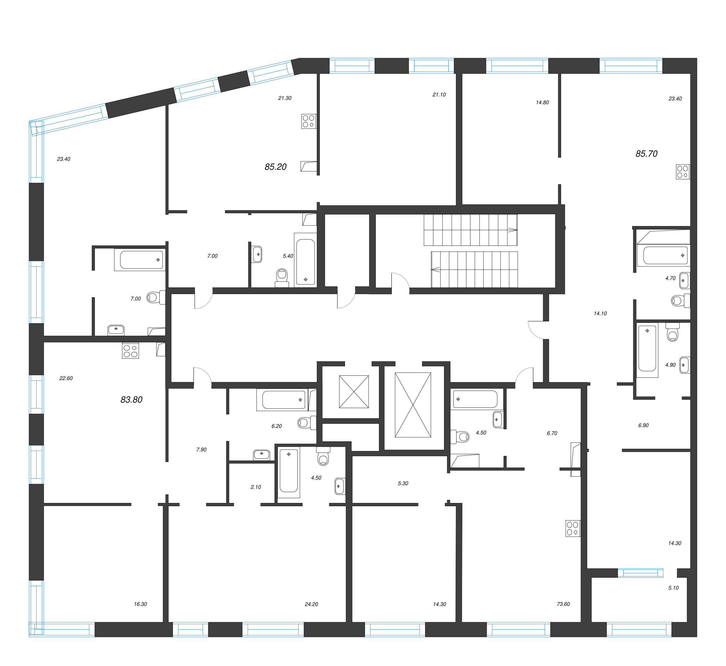 3-комнатная (Евро) квартира, 83.8 м² в ЖК "ЛДМ" - планировка этажа