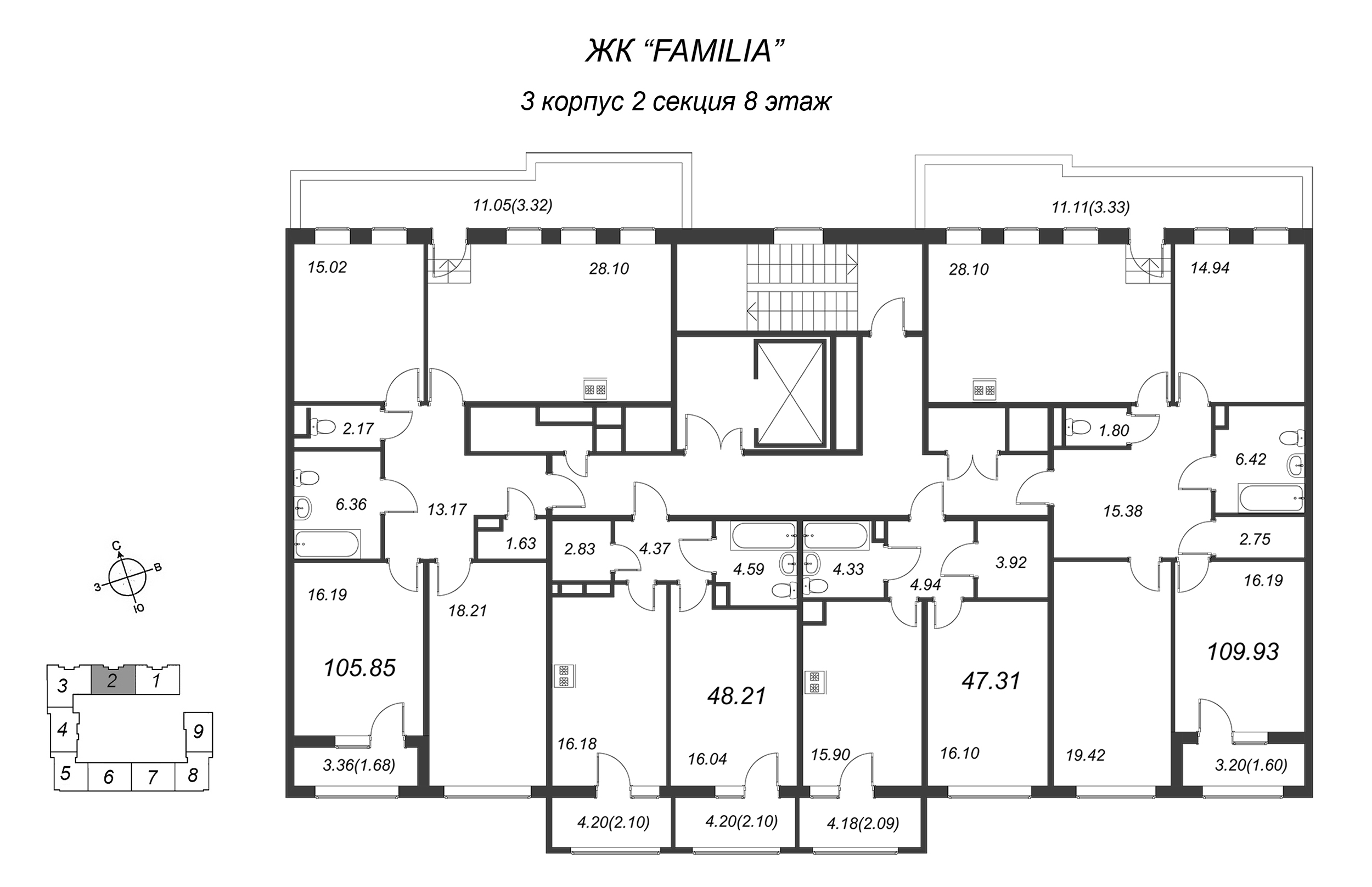 2-комнатная (Евро) квартира, 47.2 м² в ЖК "FAMILIA" - планировка этажа
