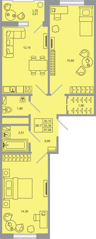 2-комнатная квартира, 57.06 м² в ЖК "Стороны света-2" - планировка, фото №1