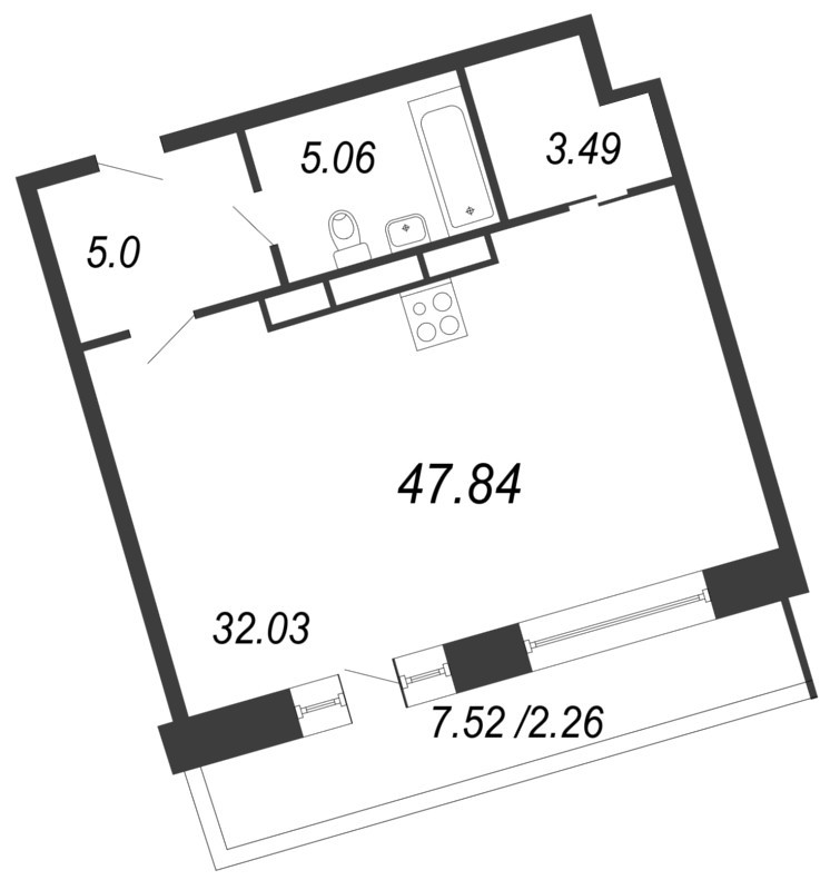 Квартира-студия, 47.84 м² - планировка, фото №1