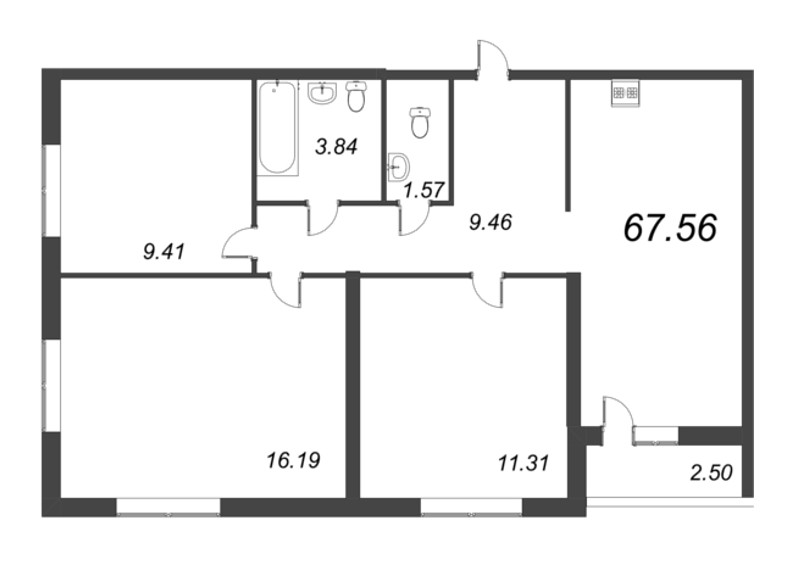 4-комнатная (Евро) квартира, 67.56 м² в ЖК "Parkolovo" - планировка, фото №1