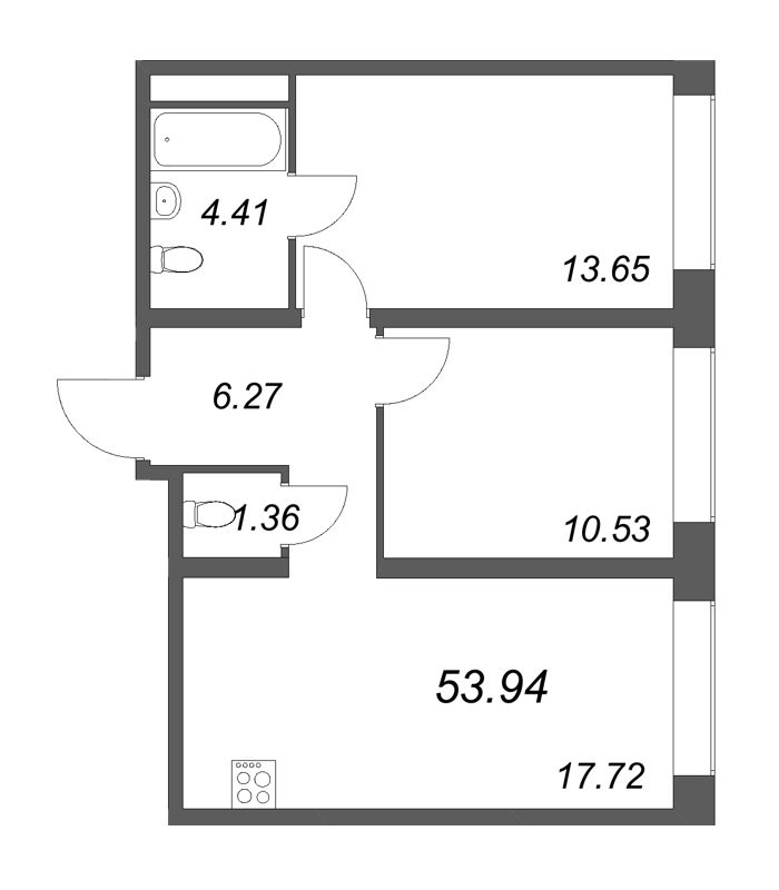 3-комнатная (Евро) квартира, 53.94 м² в ЖК "Avant" - планировка, фото №1