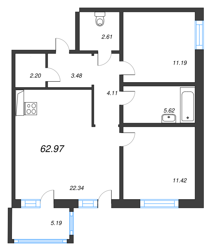 3-комнатная (Евро) квартира, 62.97 м² в ЖК "Черная речка, 41" - планировка, фото №1