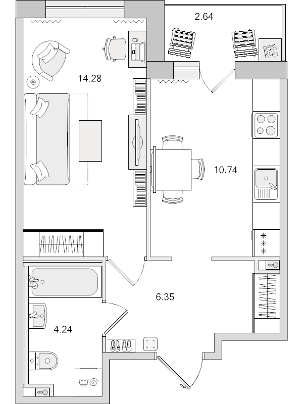 1-комнатная квартира, 35.61 м² в ЖК "Parkolovo" - планировка, фото №1