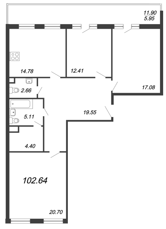 3-комнатная квартира, 102.64 м² - планировка, фото №1
