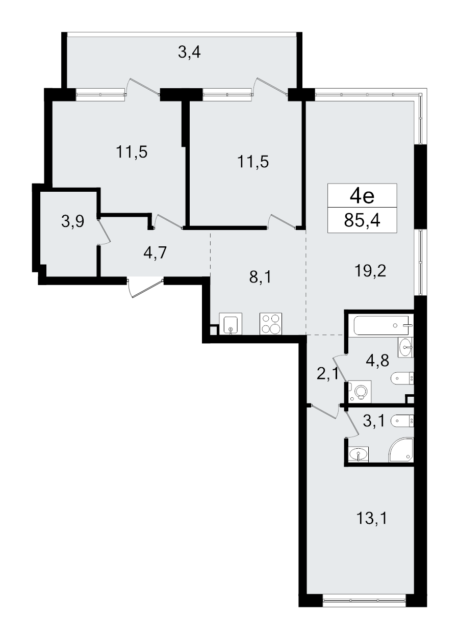 4-комнатная (Евро) квартира, 85.4 м² в ЖК "А101 Всеволожск" - планировка, фото №1