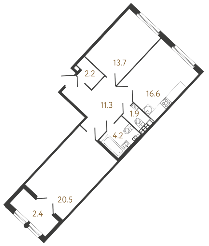 3-комнатная (Евро) квартира, 70.4 м² в ЖК "МИРЪ" - планировка, фото №1