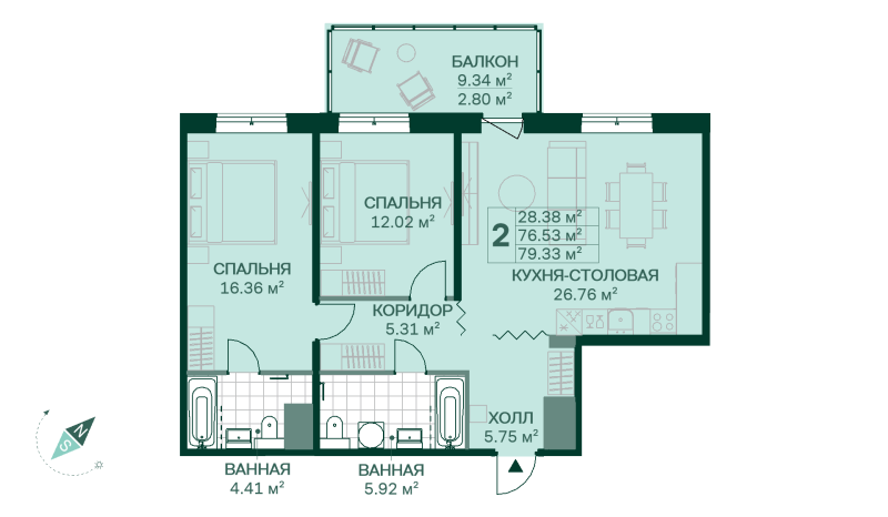 3-комнатная (Евро) квартира, 79.33 м² в ЖК "Magnifika Residence" - планировка, фото №1