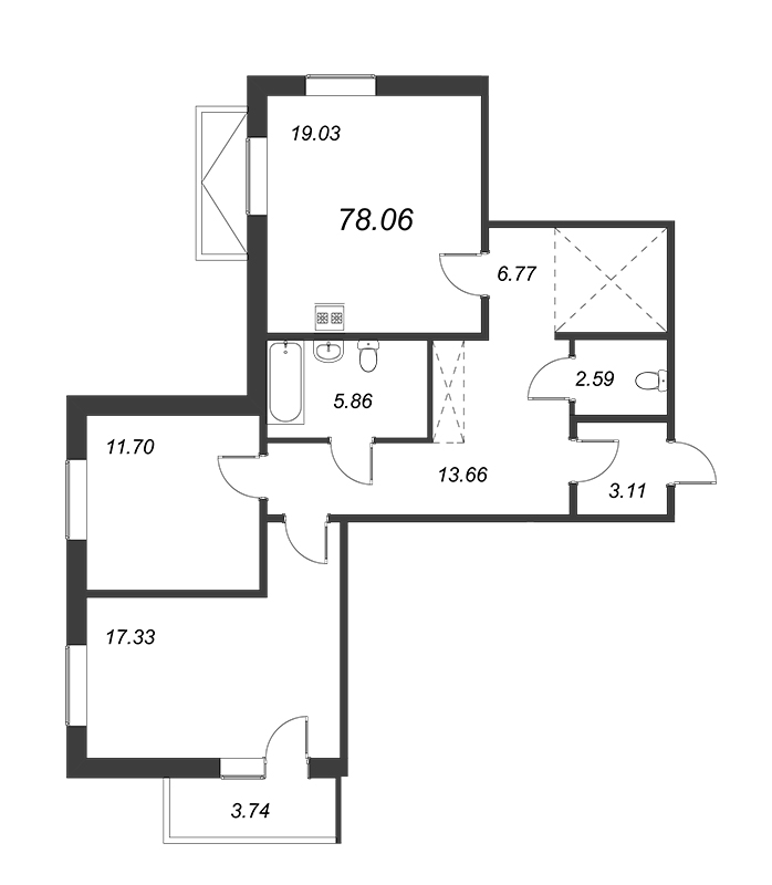 2-комнатная квартира, 76.94 м² - планировка, фото №1