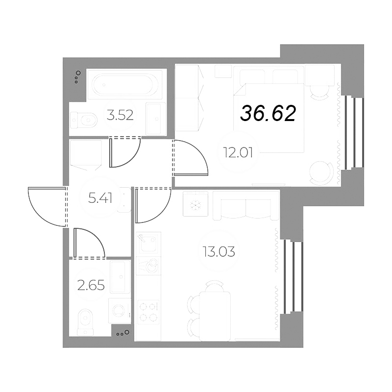 1-комнатная квартира, 36.62 м² в ЖК "Огни Залива" - планировка, фото №1