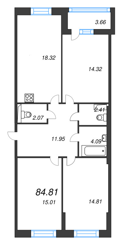 4-комнатная (Евро) квартира, 84.81 м² в ЖК "Аквилон Leaves" - планировка, фото №1