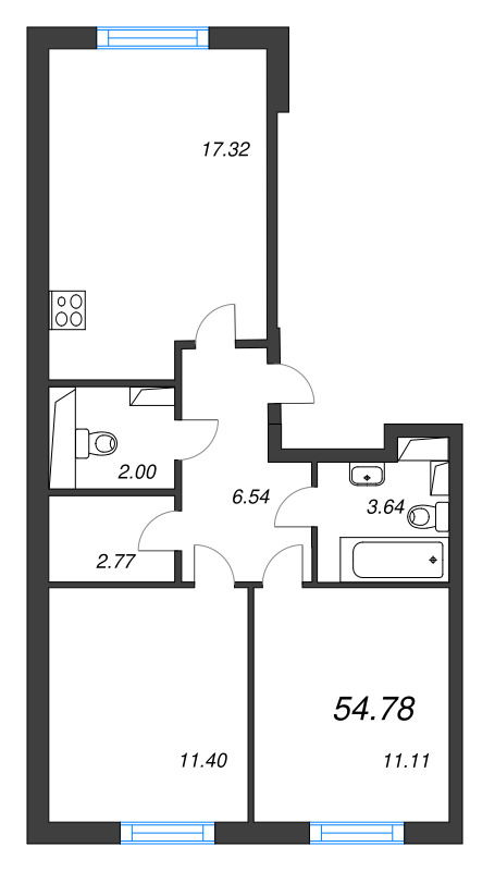 3-комнатная (Евро) квартира, 54.78 м² в ЖК "Кинопарк" - планировка, фото №1