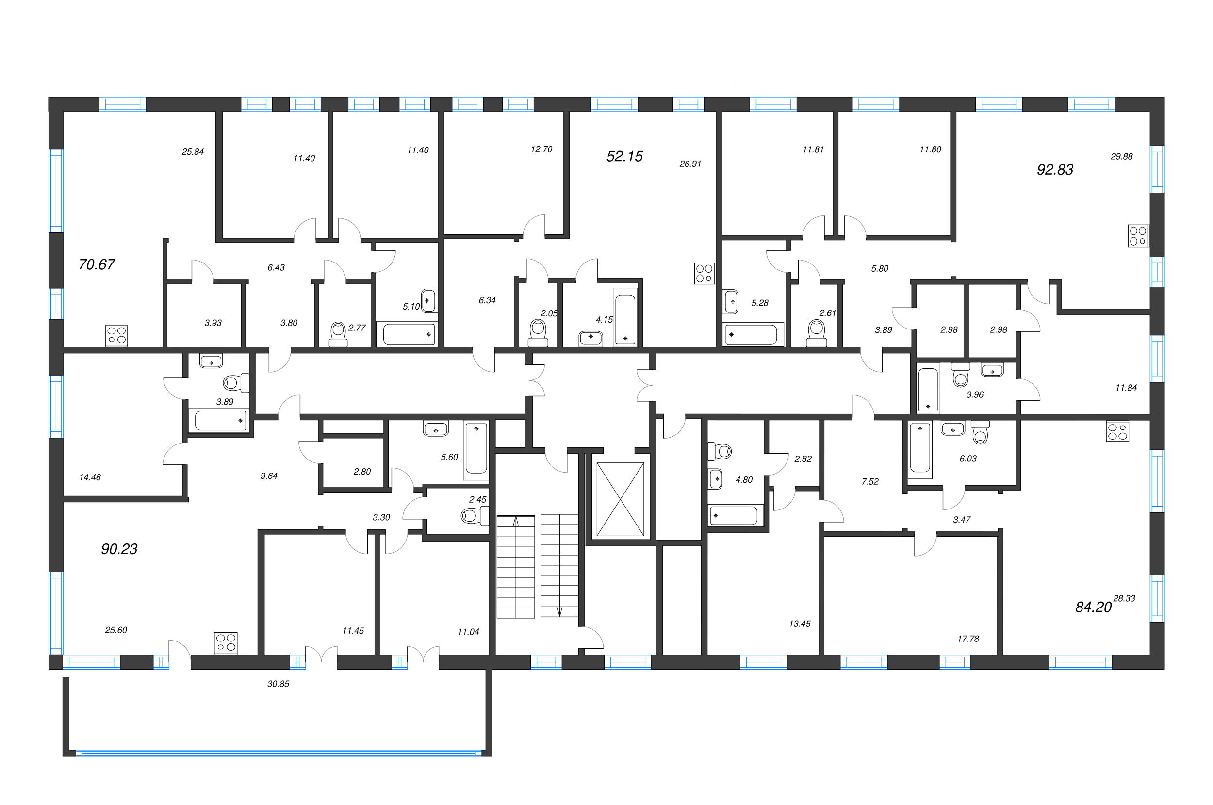 3-комнатная (Евро) квартира, 84.2 м² в ЖК "Черная речка, 41" - планировка этажа