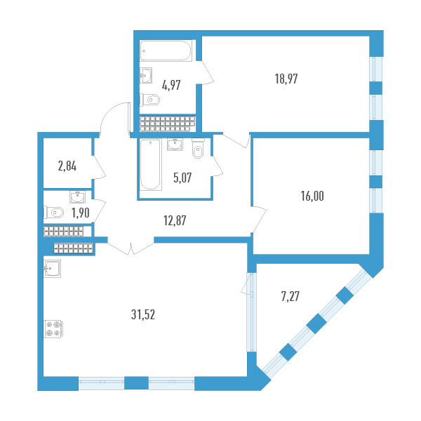 2-комнатная квартира, 97.78 м² в ЖК "Дефанс Премиум" - планировка, фото №1