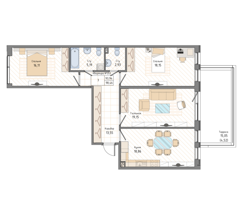3-комнатная квартира, 98.3 м² в ЖК "Мануфактура James Beck" - планировка, фото №1