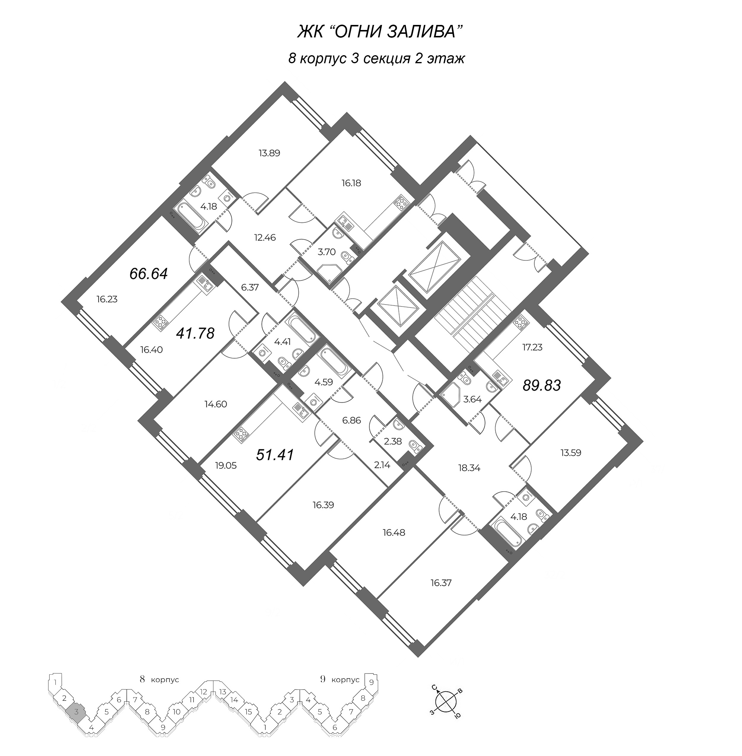 2-комнатная (Евро) квартира, 51.41 м² в ЖК "Огни Залива" - планировка этажа
