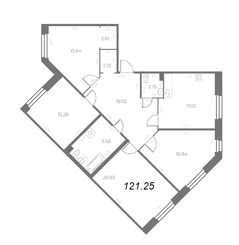 5-комнатная (Евро) квартира, 121.25 м² в ЖК "Огни Залива" - планировка, фото №1
