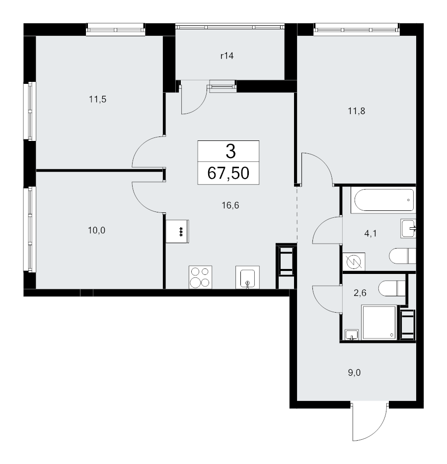4-комнатная (Евро) квартира, 67.5 м² в ЖК "А101 Лаголово" - планировка, фото №1