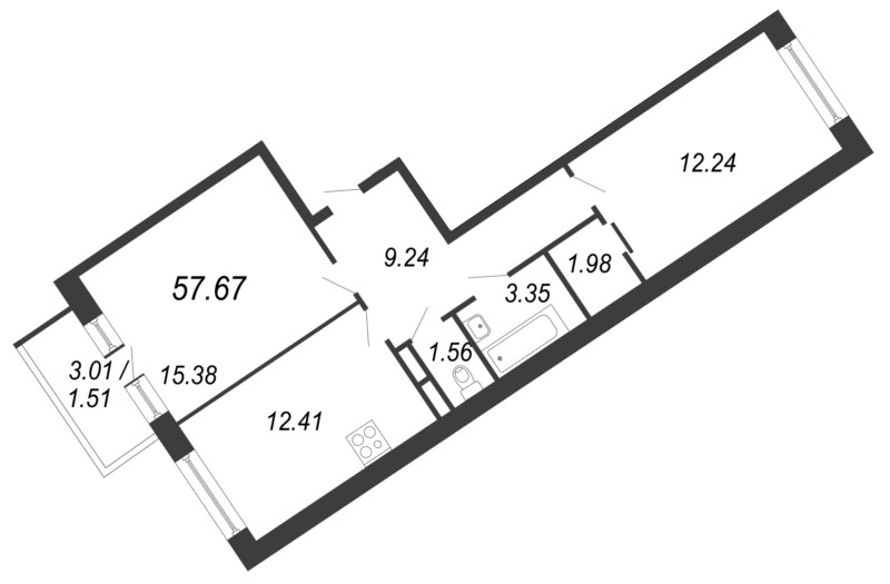 2-комнатная квартира, 57.67 м² - планировка, фото №1