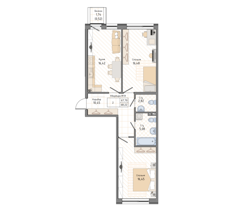 2-комнатная квартира, 68.9 м² в ЖК "Мануфактура James Beck" - планировка, фото №1