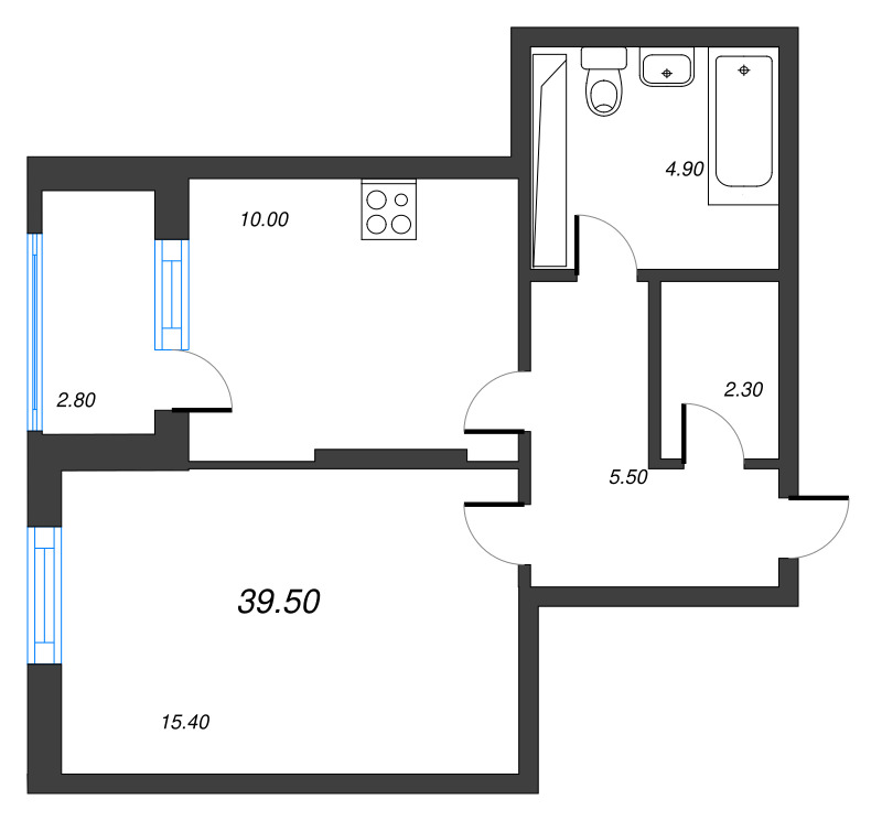 1-комнатная квартира, 39.5 м² в ЖК "Тайм Сквер" - планировка, фото №1